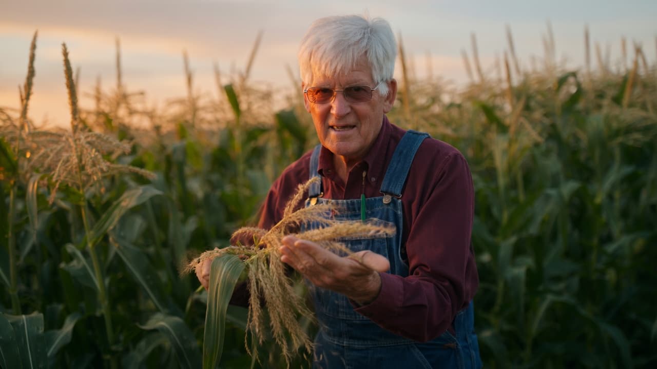 John Harold, founder, walking through his corn rows inspecting the tassels